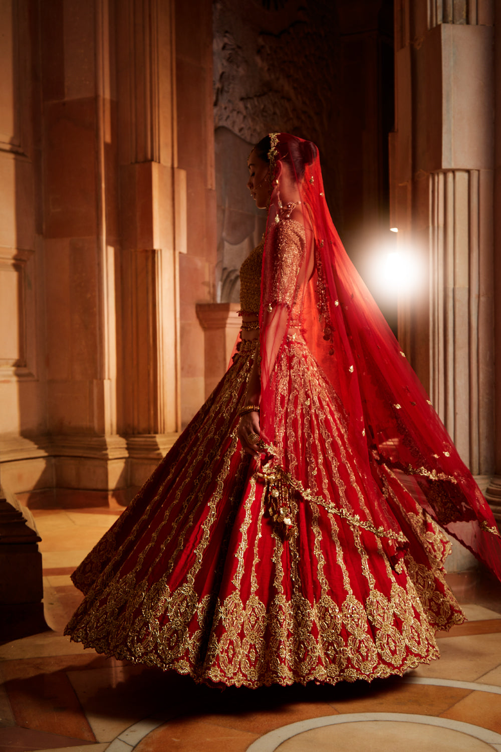 Deep Red Raw Silk Lehenga with Gold Choli & Tulle Dupatta