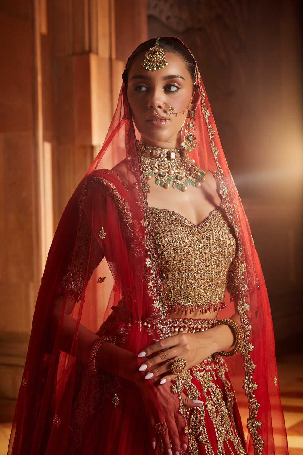 Deep Red Raw Silk Lehenga with Gold Choli & Tulle Dupatta