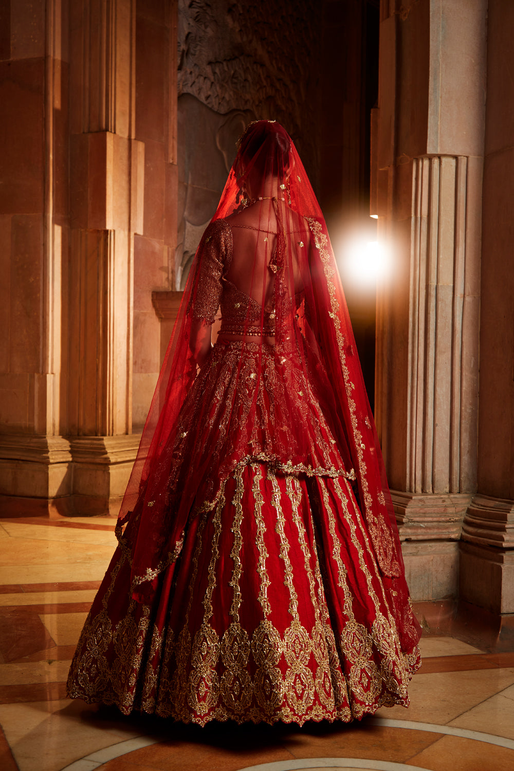 Deep Red Raw Silk Lehenga with Gold Choli & Tulle Dupatta