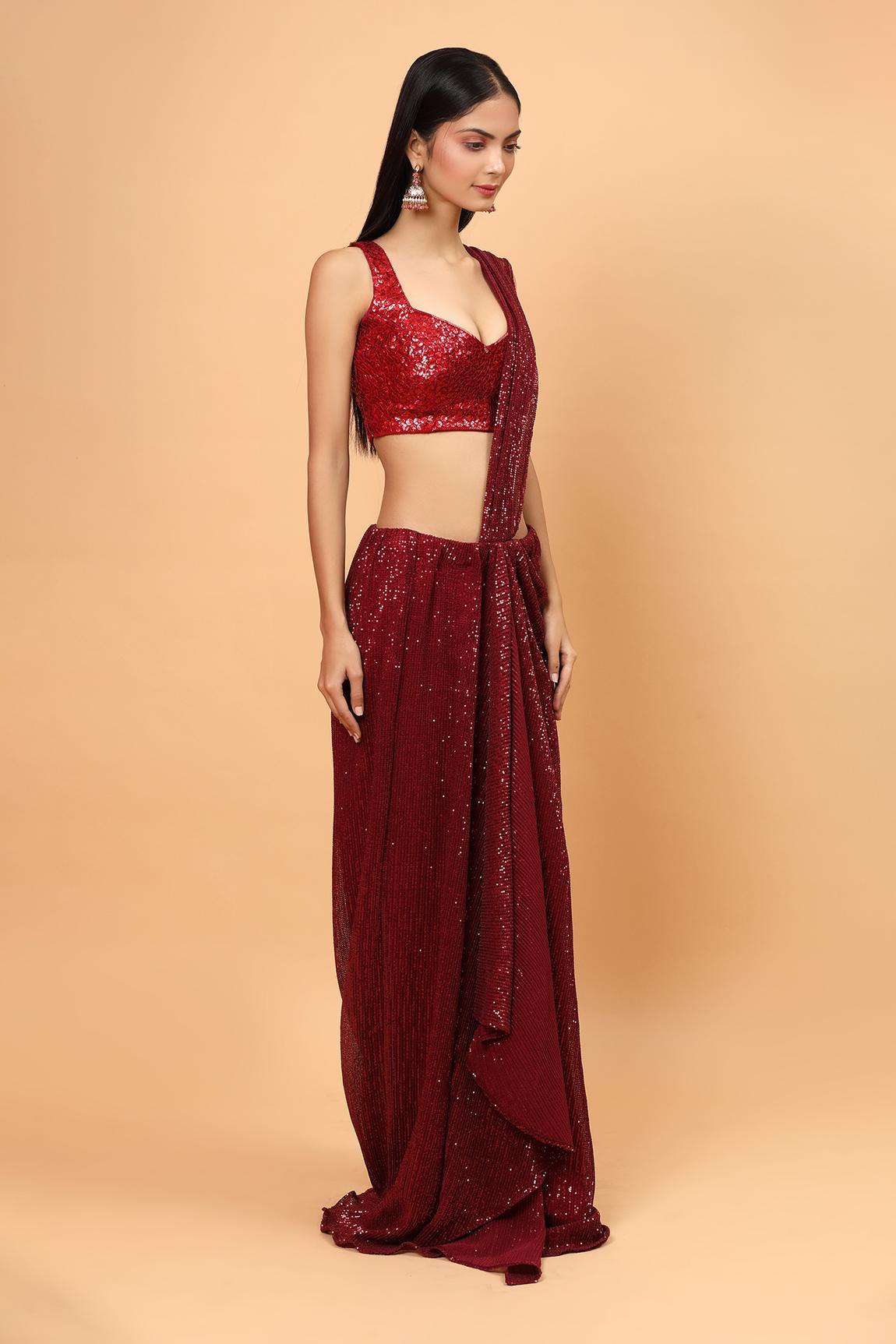 Deep Red Net Pre-draped Saree With Embroidered Blouse