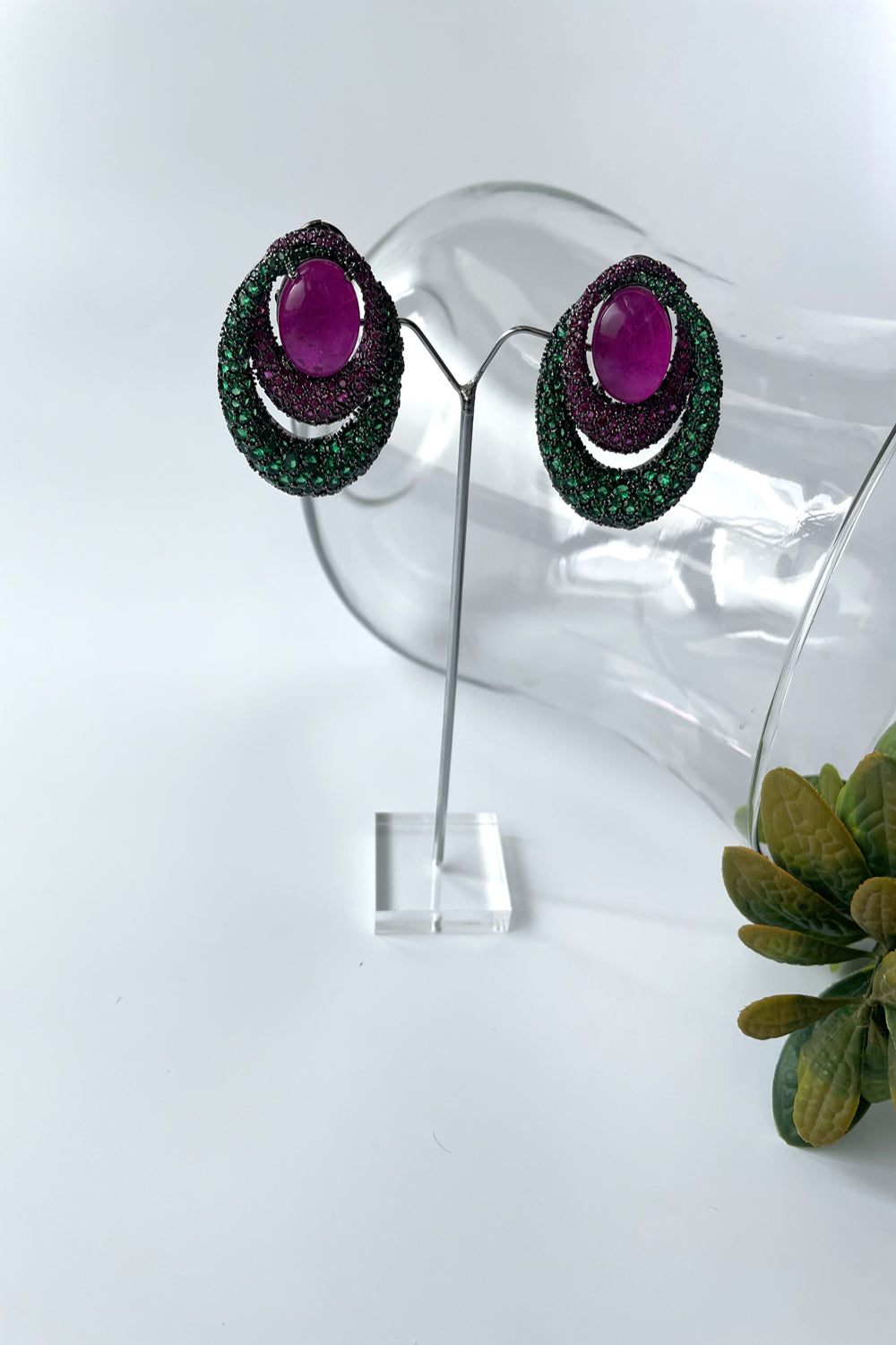 Black Rhodium Finish Green And Pink Crystal Earrings - Auraya Fashion - Studio6 Jewels - #tag1# - #tag2# - #tag3# - #tag3#