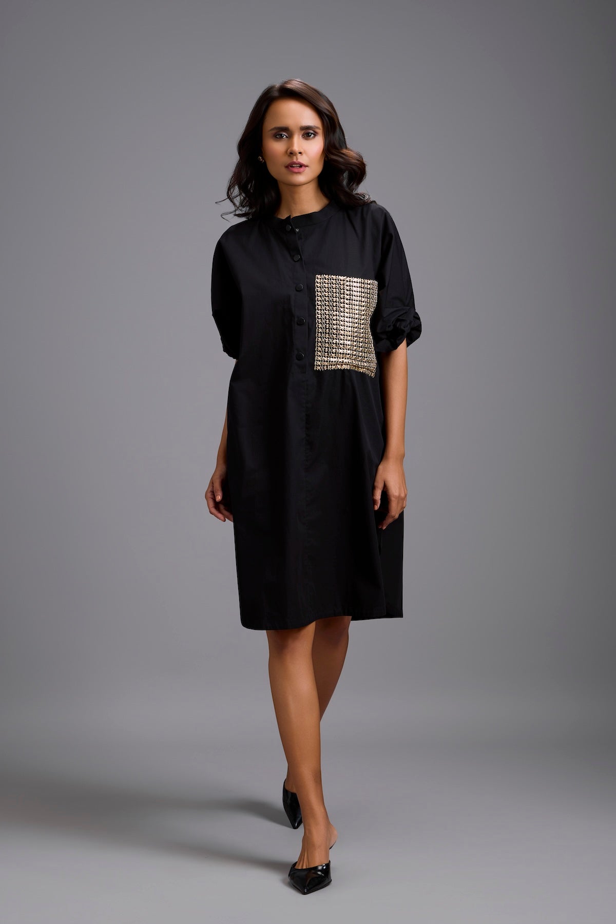 Oversized Shirt Dress with Ruched Sleeves & Embellished Pocket
