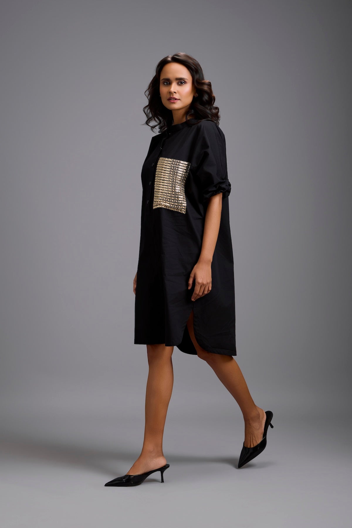 Oversized Shirt Dress with Ruched Sleeves & Embellished Pocket
