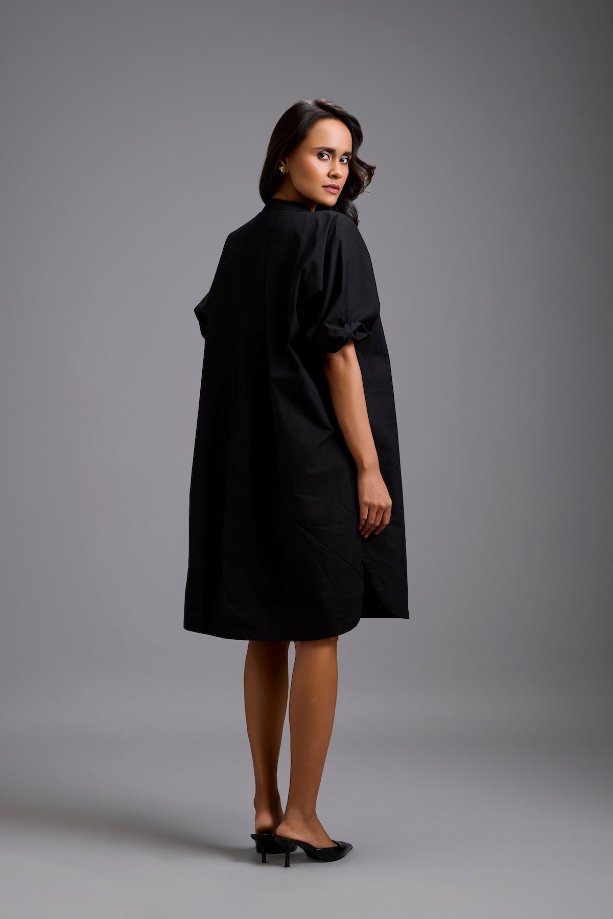 Oversized Shirt Dress with Ruched Sleeves & Embellished Pocket