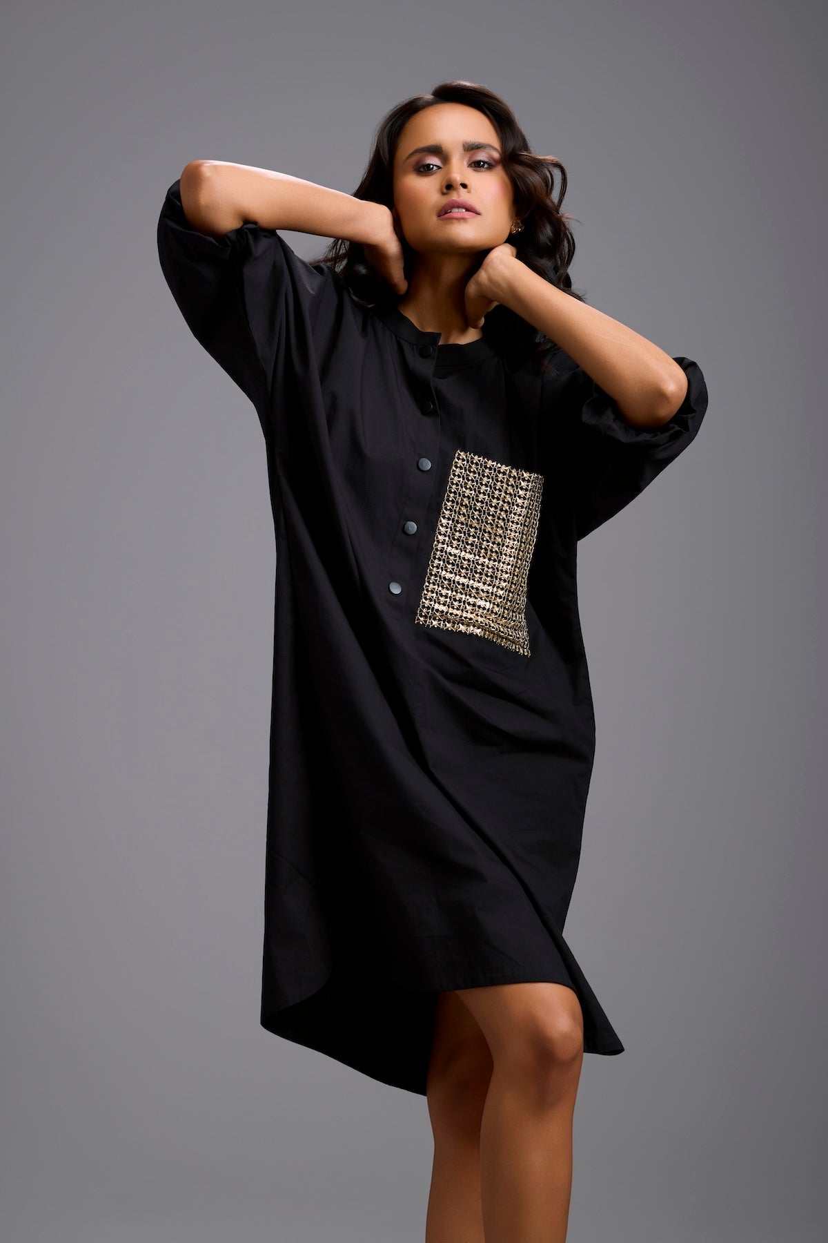 Oversized Shirt Dress with Ruched Sleeves & Embellished Pocket