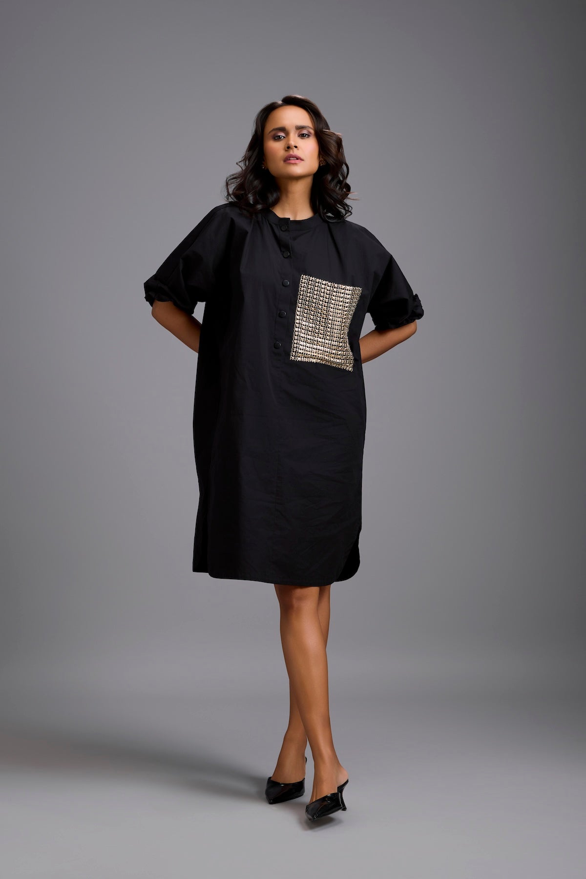 Oversized Shirt Dress with Ruched Sleeves & Embellished Pocket