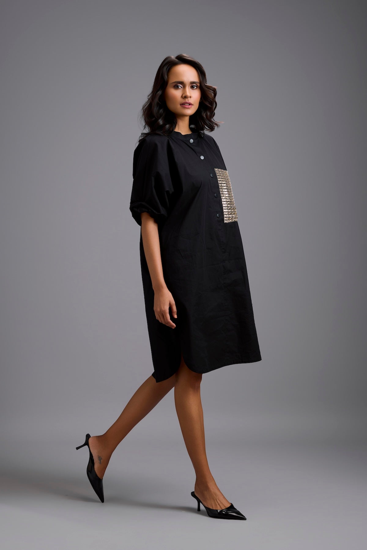 Oversized Shirt Dress with Ruched Sleeves & Embellished Pocket