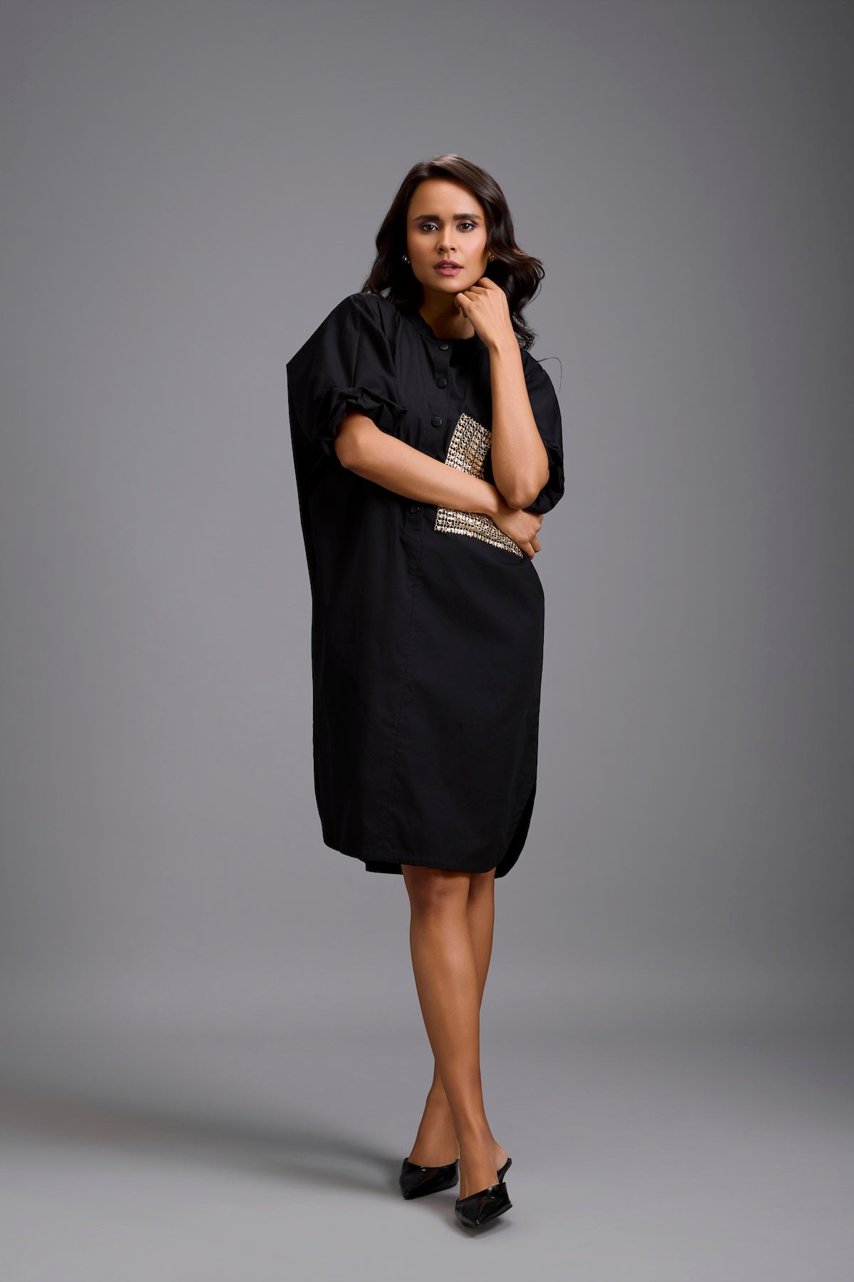Oversized Shirt Dress with Ruched Sleeves & Embellished Pocket