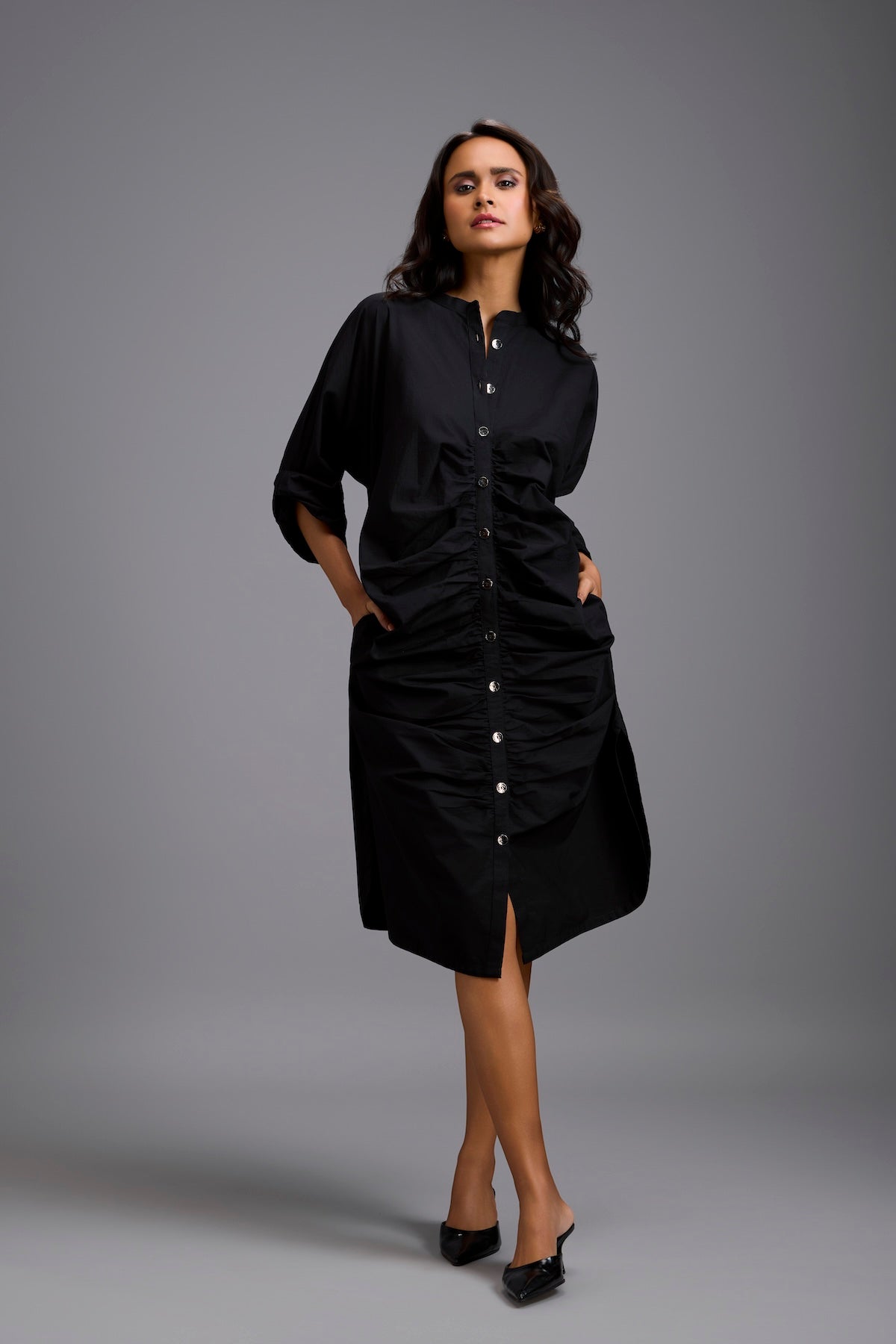 Ruched Button-Down Shirt Dress