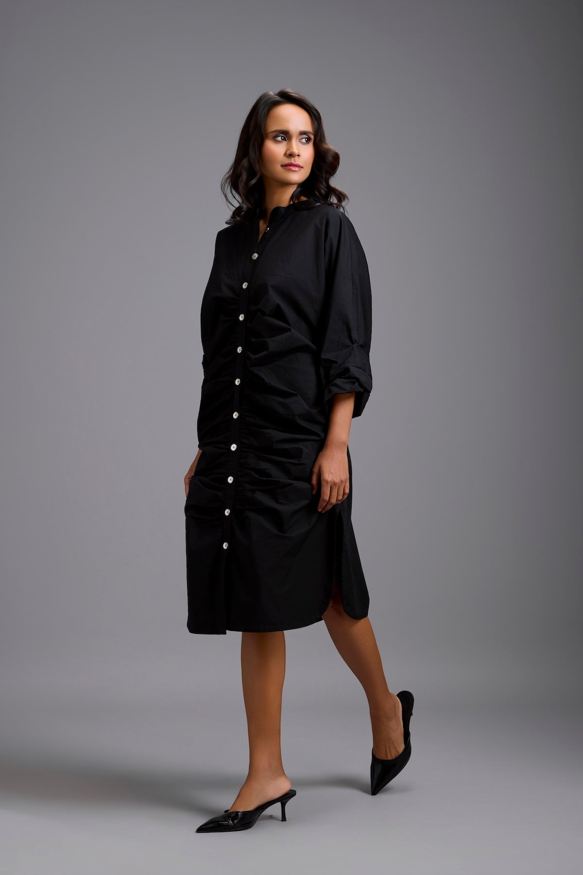Ruched Button-Down Shirt Dress