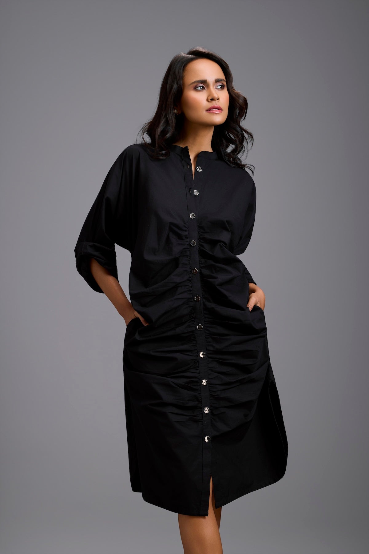 Ruched Button-Down Shirt Dress