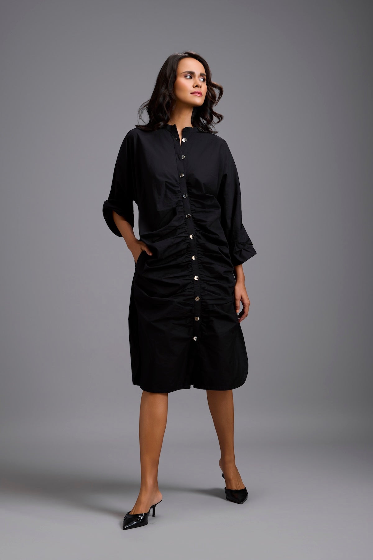 Ruched Button-Down Shirt Dress