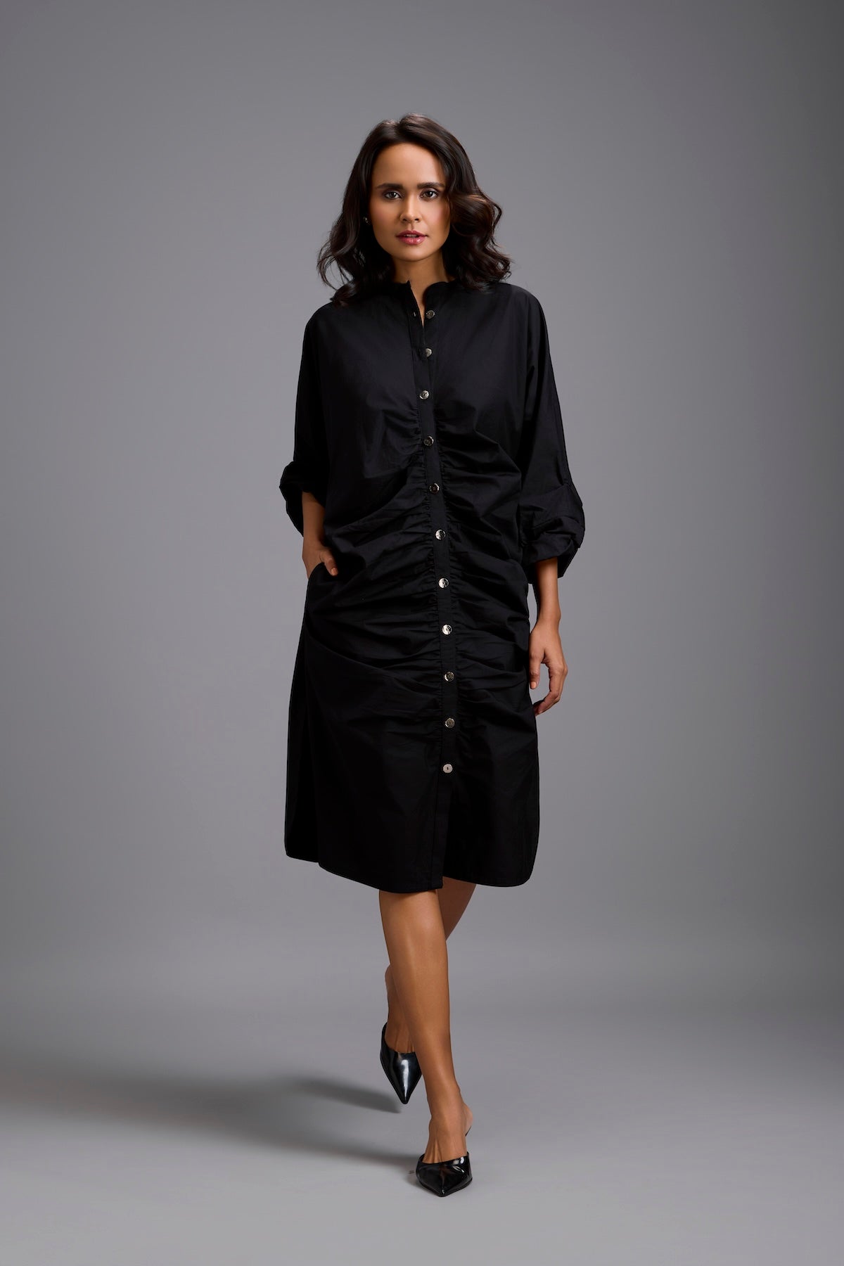Ruched Button-Down Shirt Dress
