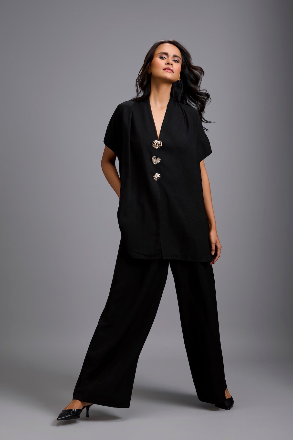 Wide-Leg Jumpsuit with Embellished Buttons