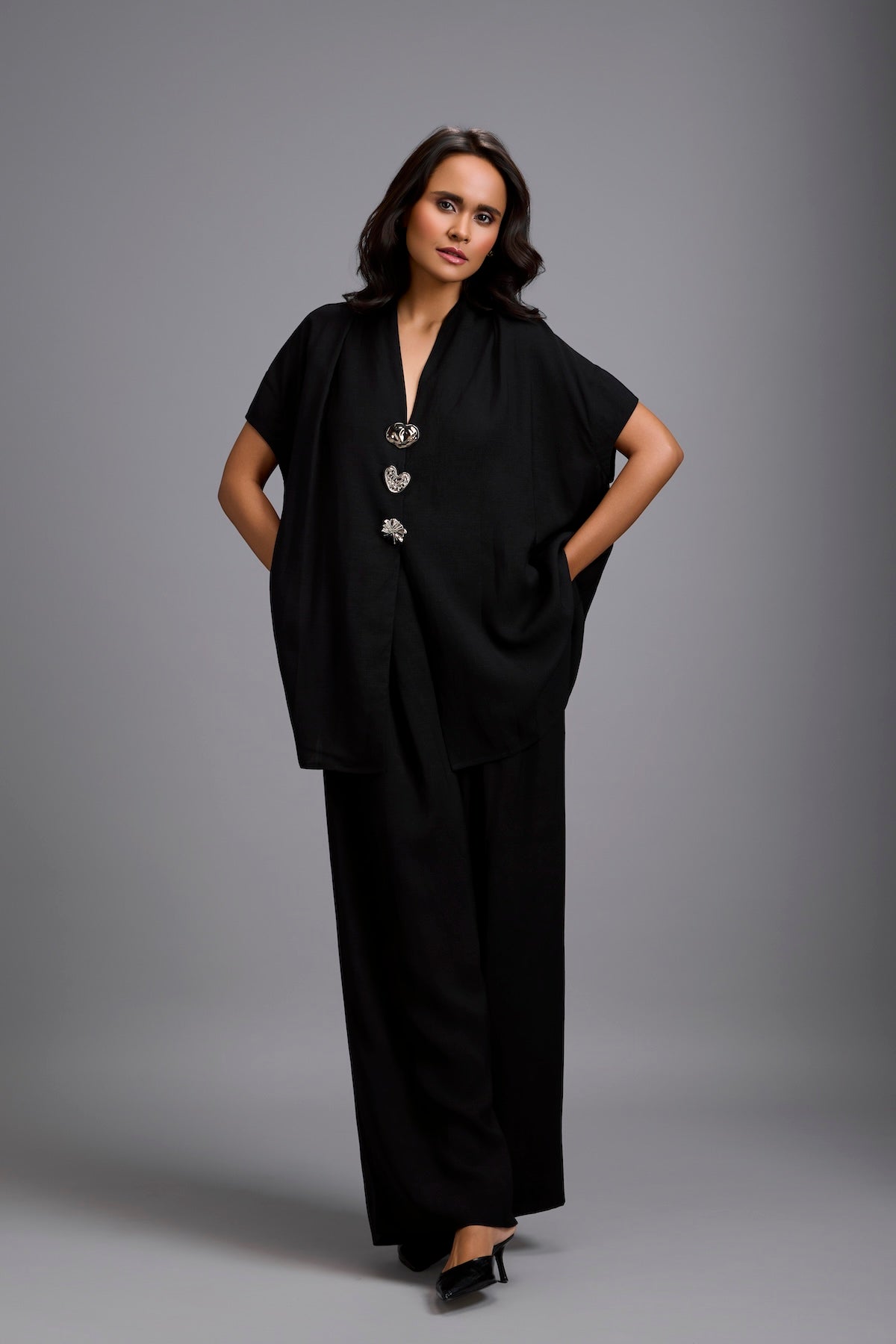 Wide-Leg Jumpsuit with Embellished Buttons