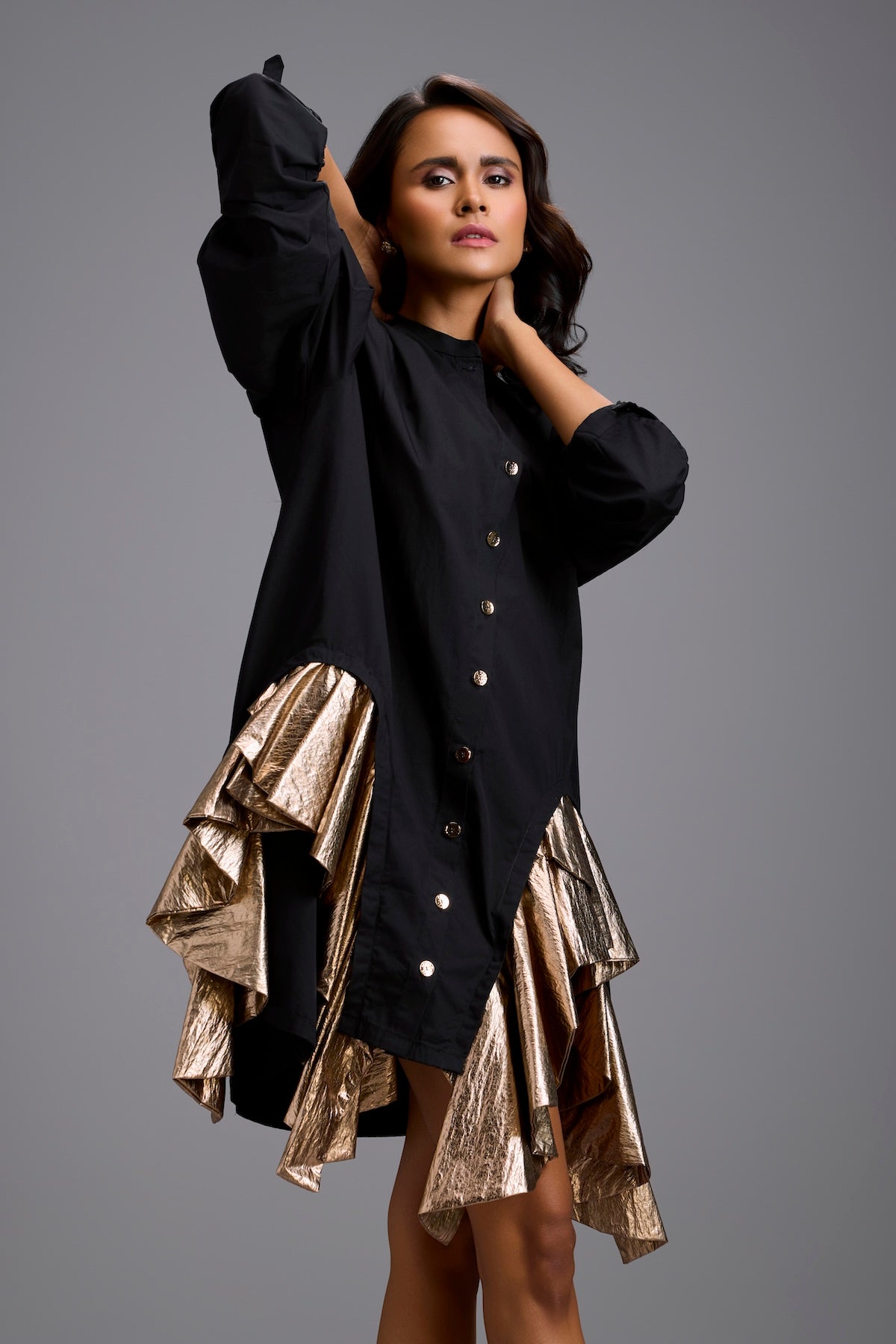 Black Mini Dress with Gold Ruffles