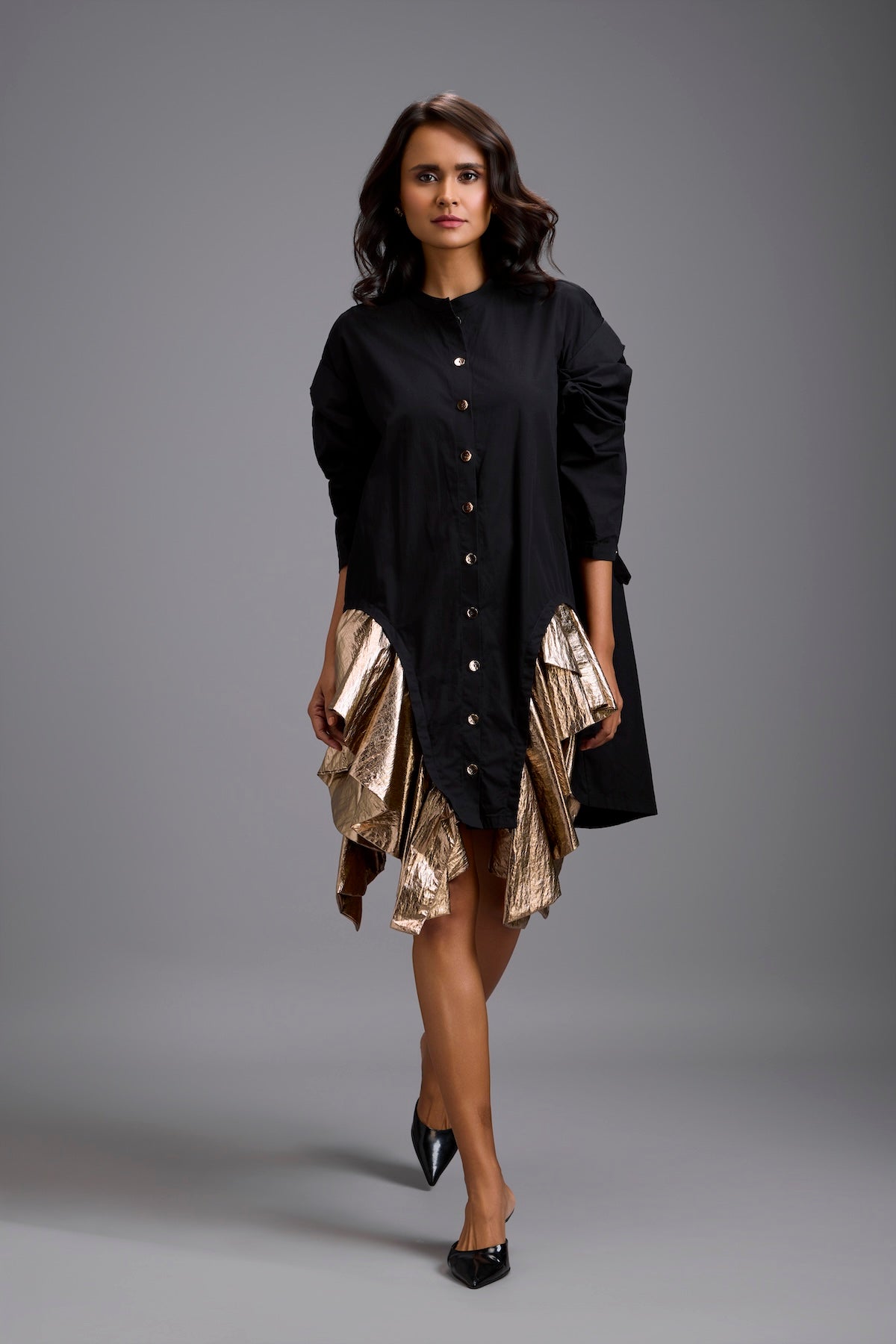 Black Mini Dress with Gold Ruffles