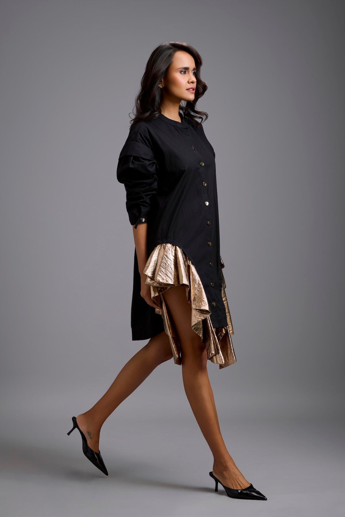 Black Mini Dress with Gold Ruffles