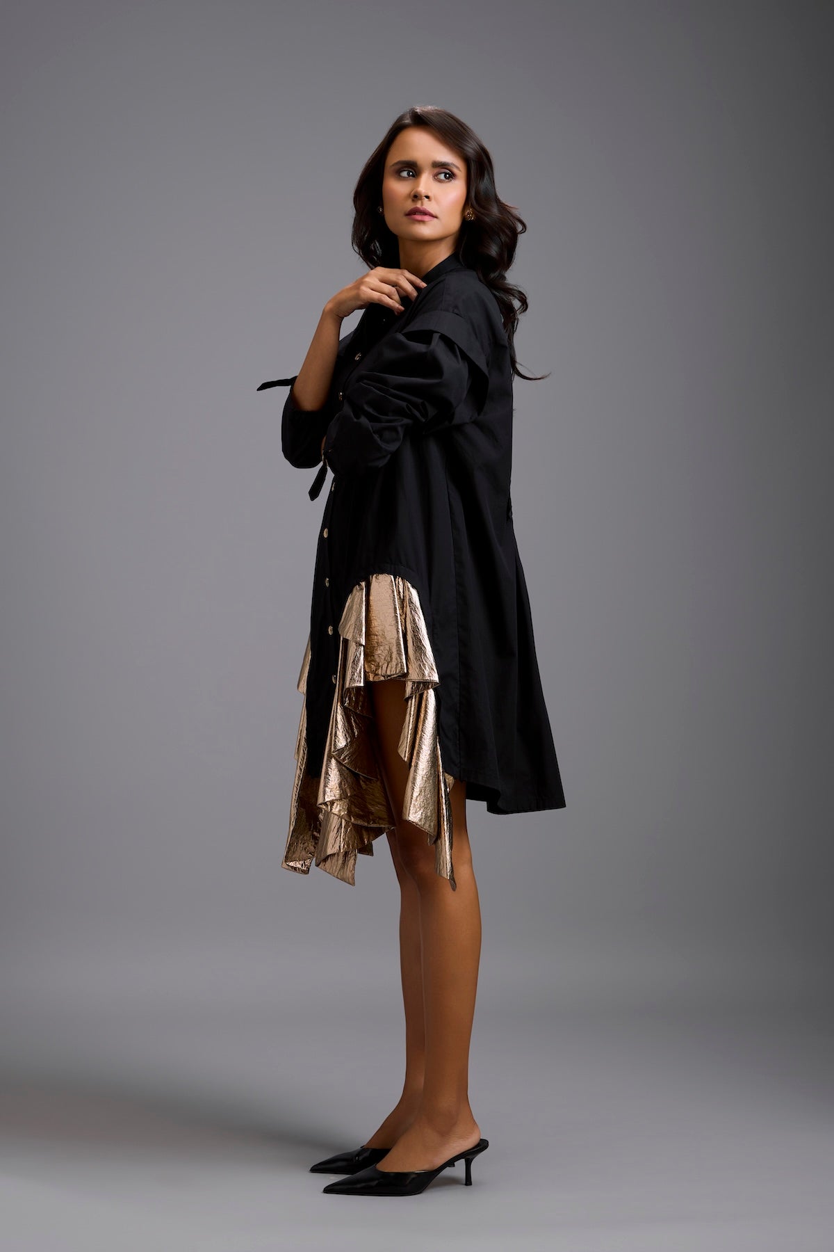 Black Mini Dress with Gold Ruffles