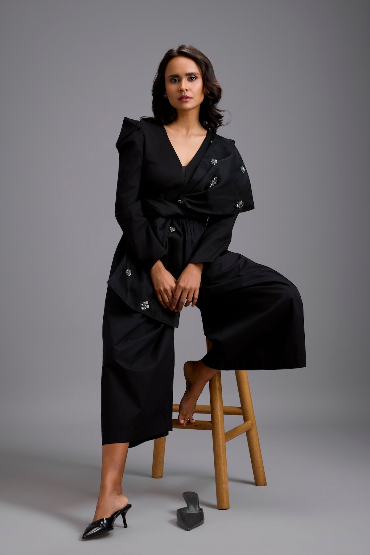 Structured Wide-Leg Jumpsuit with Crystal Bow Detail