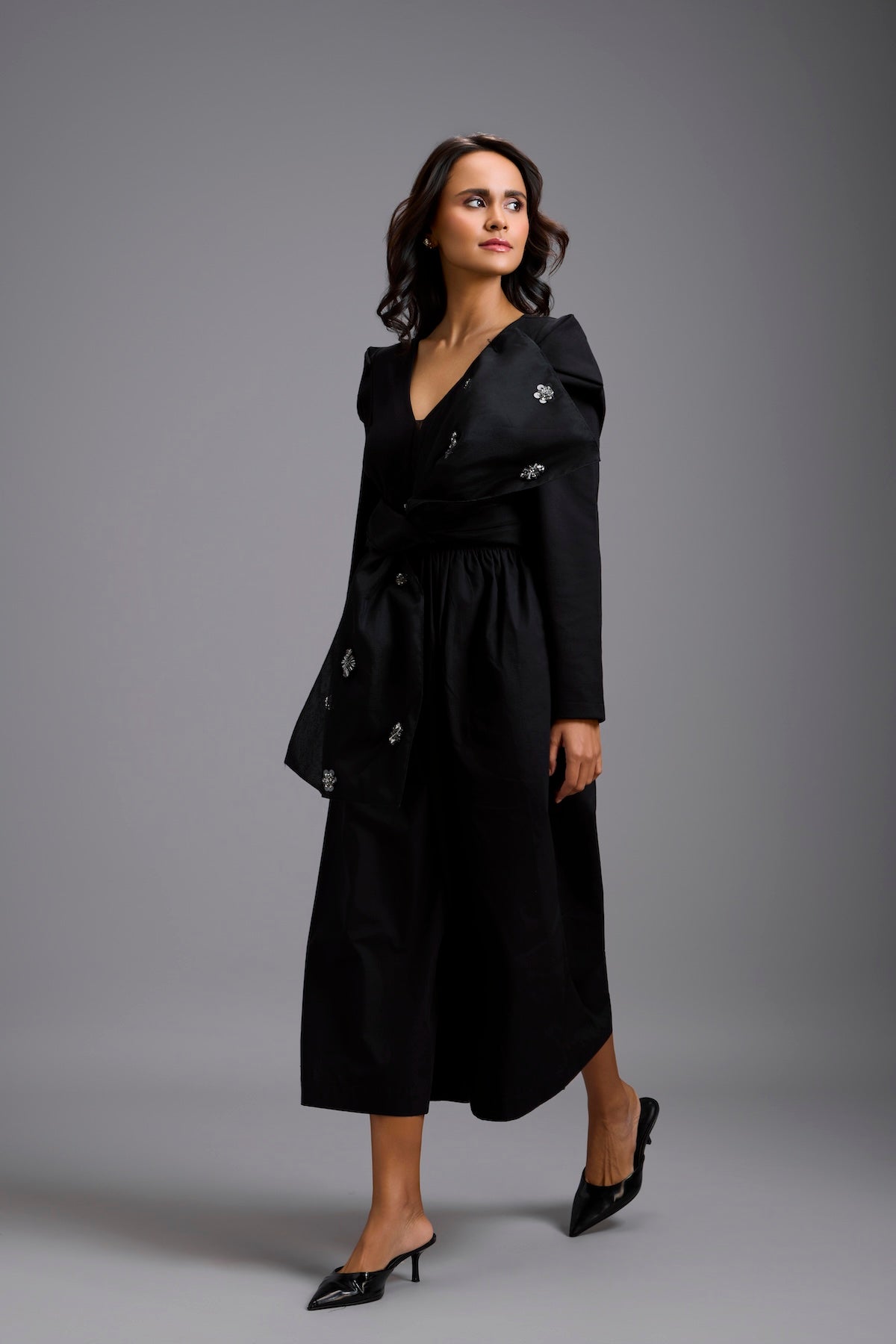 Structured Wide-Leg Jumpsuit with Crystal Bow Detail