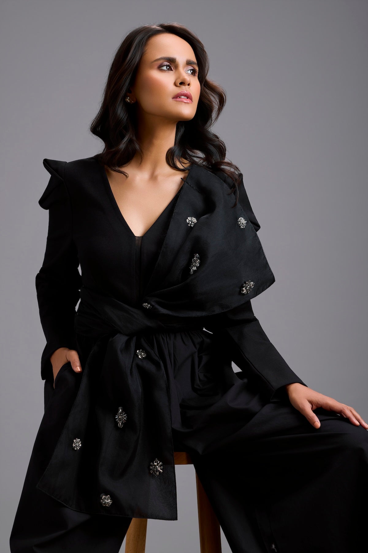 Structured Wide-Leg Jumpsuit with Crystal Bow Detail