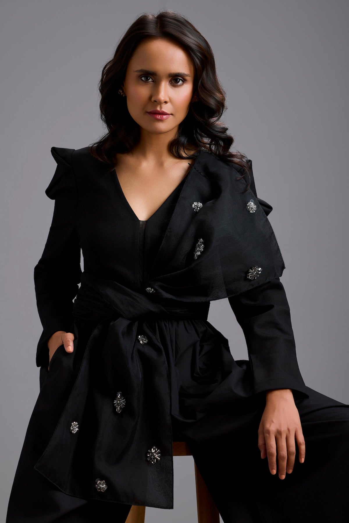 Structured Wide-Leg Jumpsuit with Crystal Bow Detail