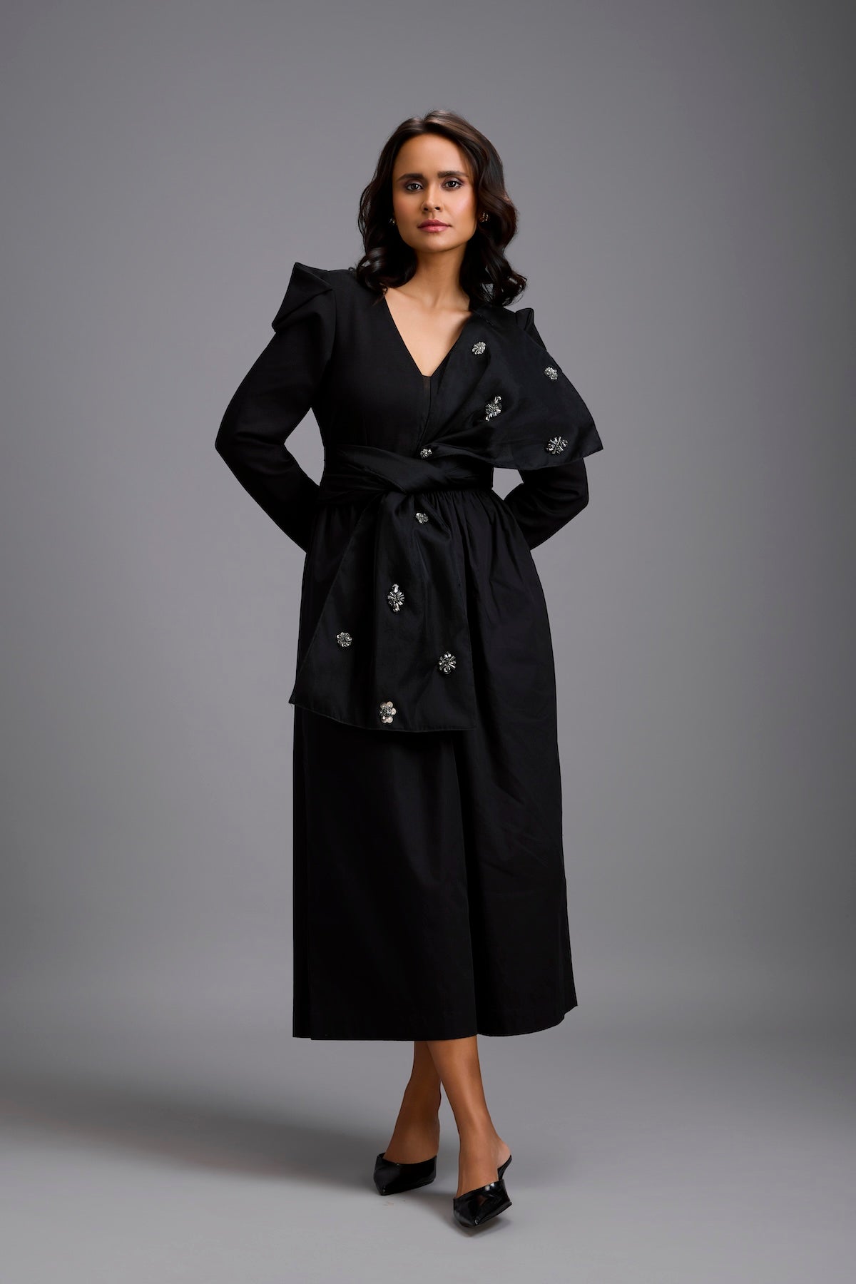 Structured Wide-Leg Jumpsuit with Crystal Bow Detail