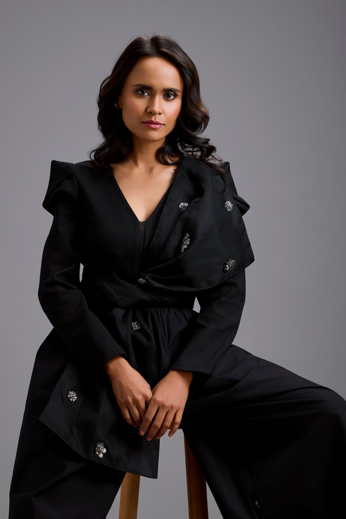 Structured Wide-Leg Jumpsuit with Crystal Bow Detail