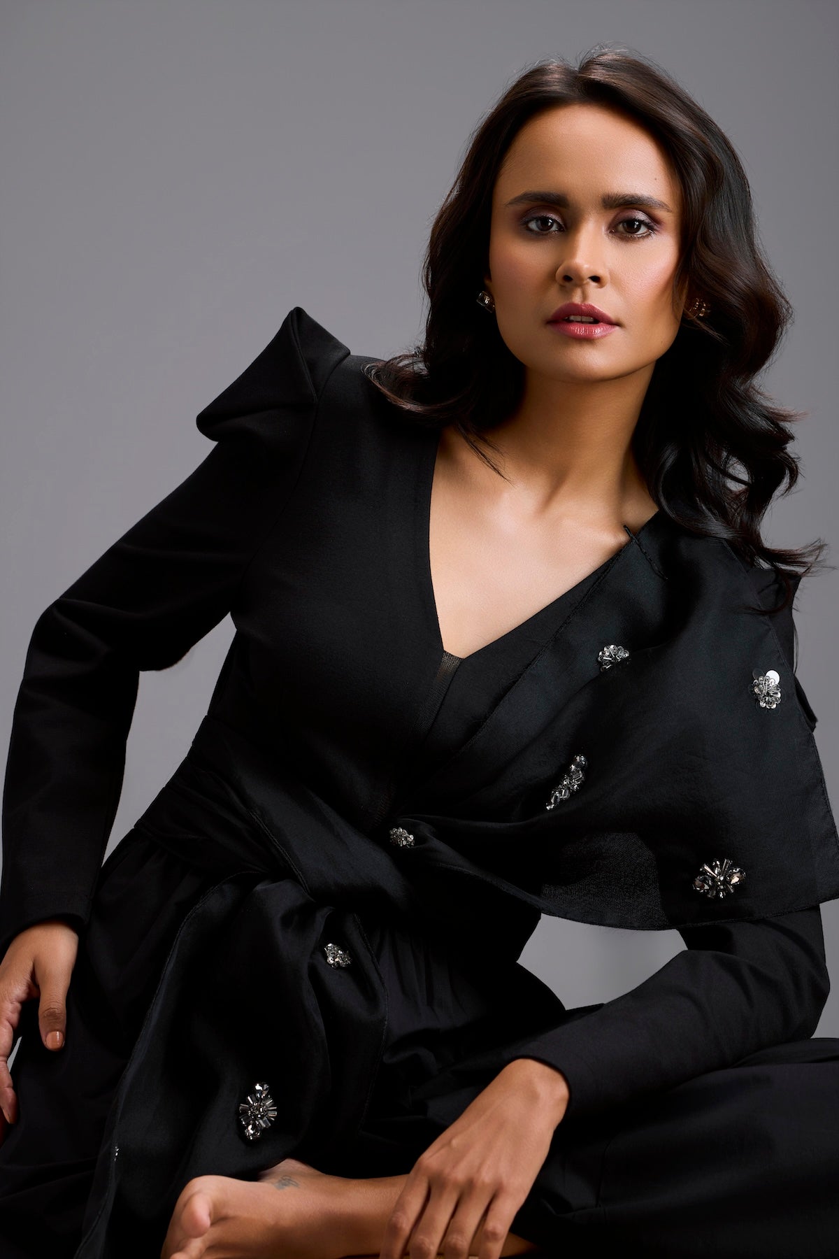 Structured Wide-Leg Jumpsuit with Crystal Bow Detail