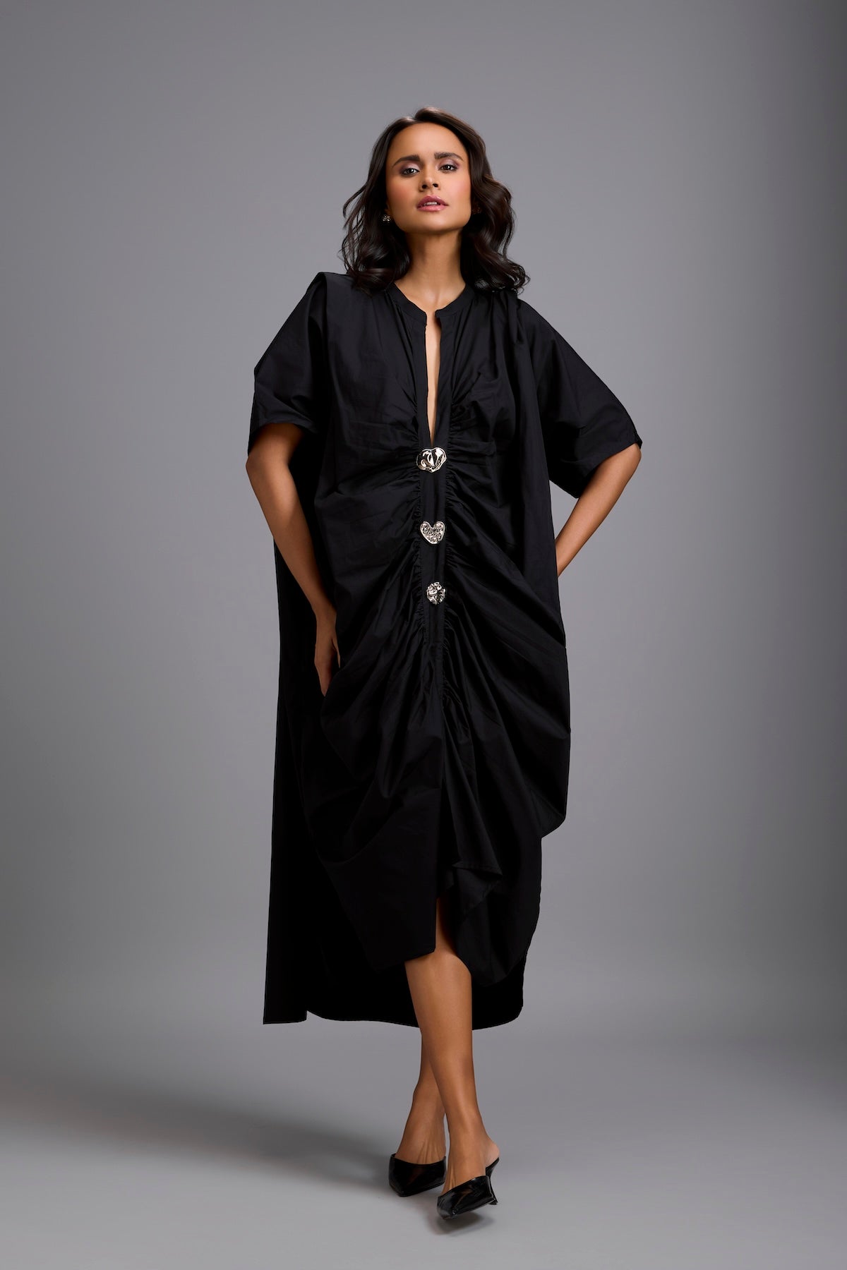 Draped Kaftan Dress with Golden Button Embellishments