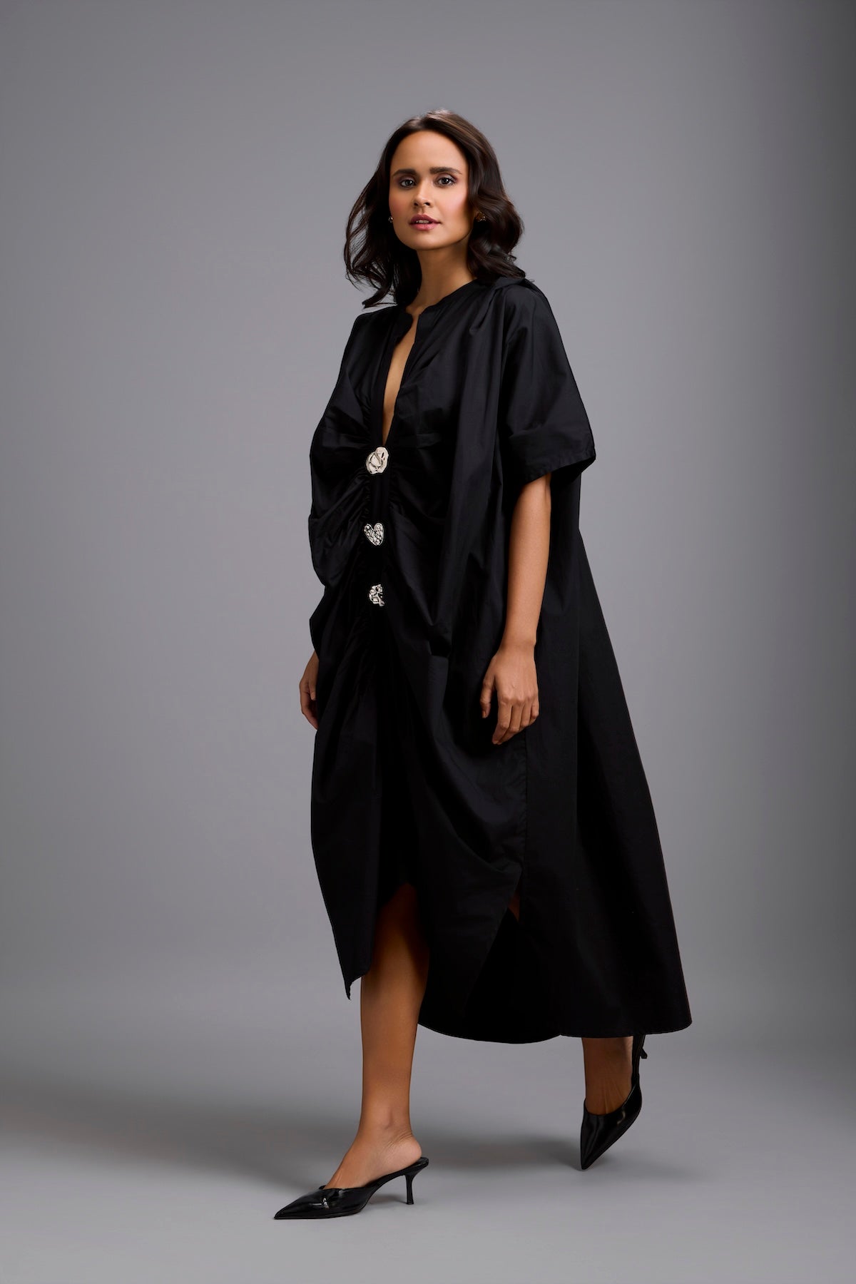 Draped Kaftan Dress with Golden Button Embellishments