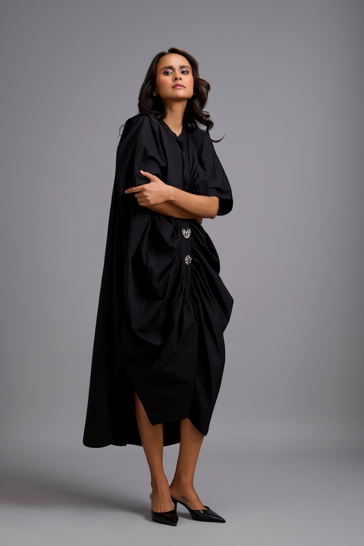 Draped Kaftan Dress with Golden Button Embellishments