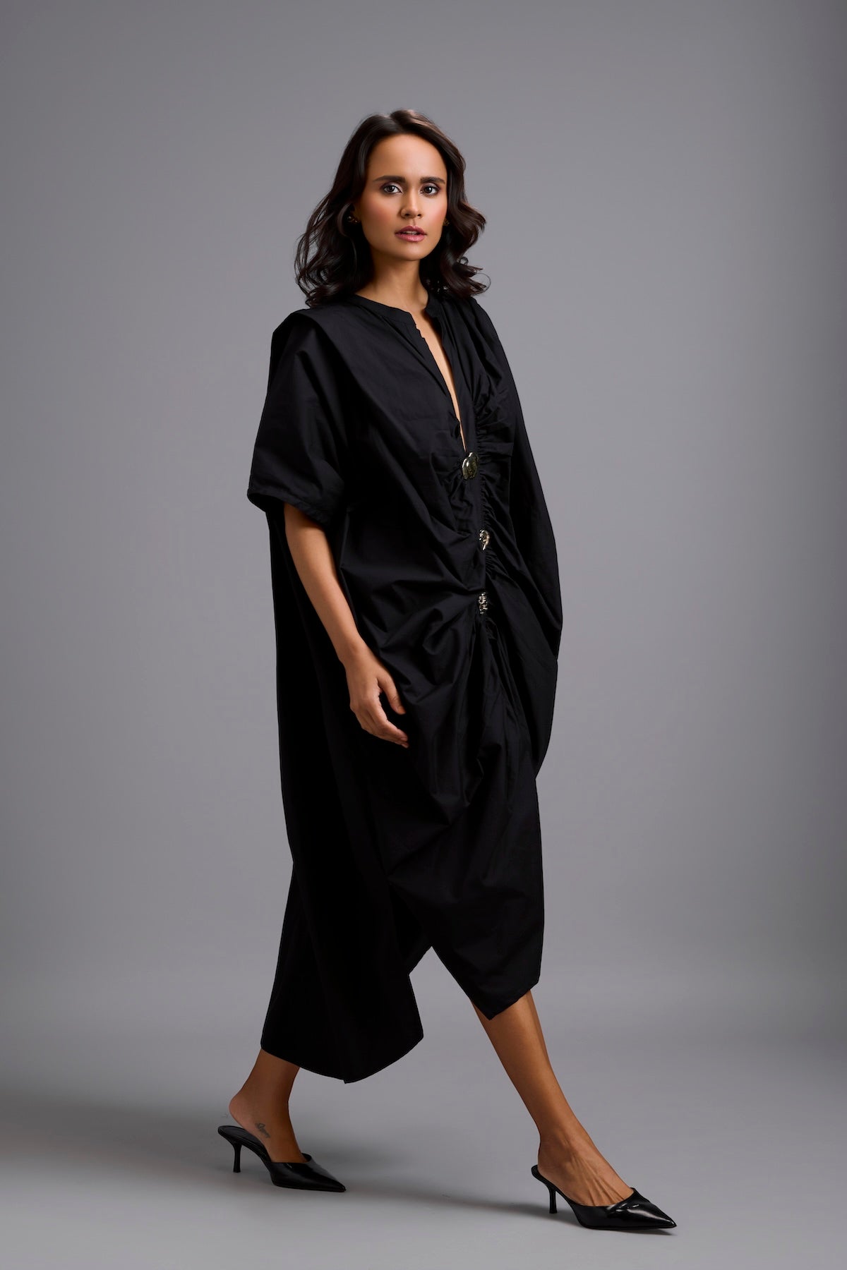 Draped Kaftan Dress with Golden Button Embellishments