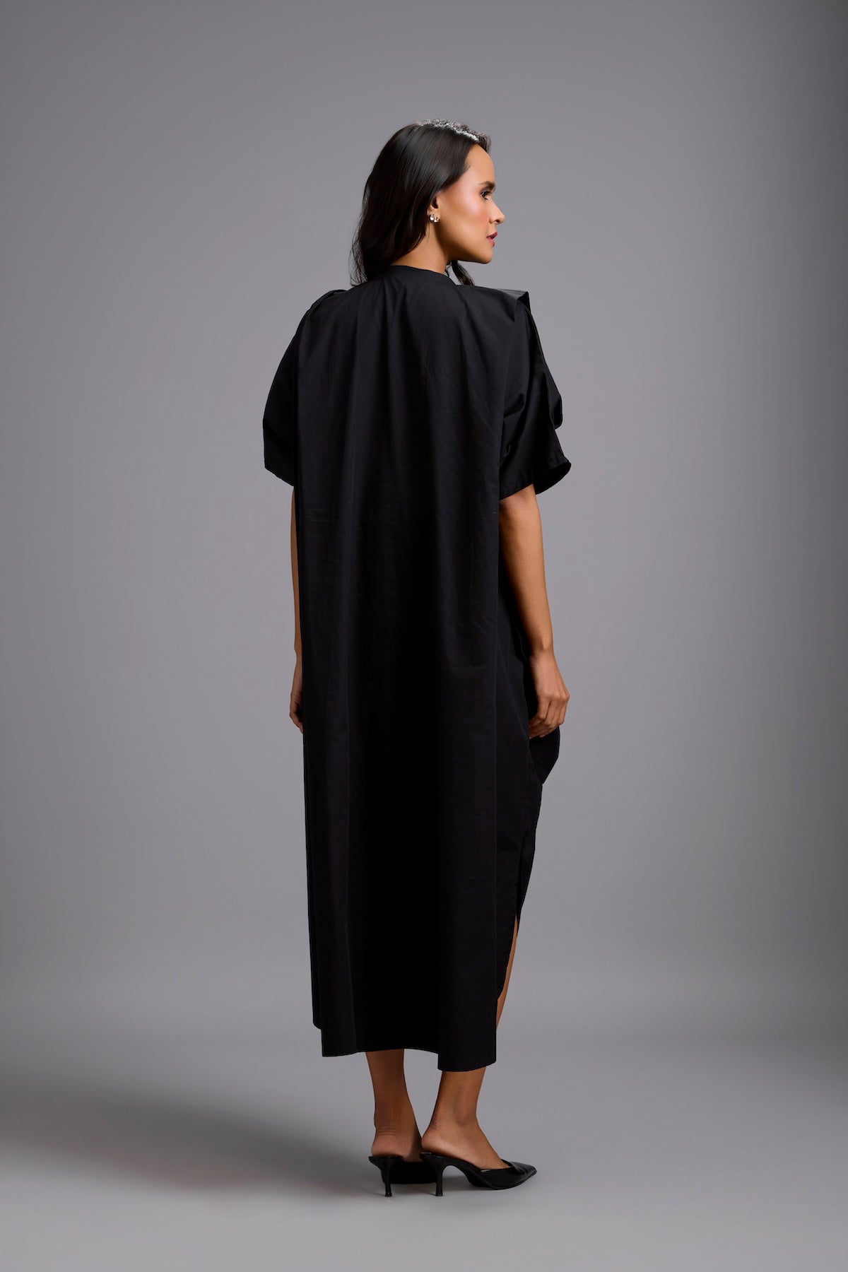 Draped Kaftan Dress with Golden Button Embellishments