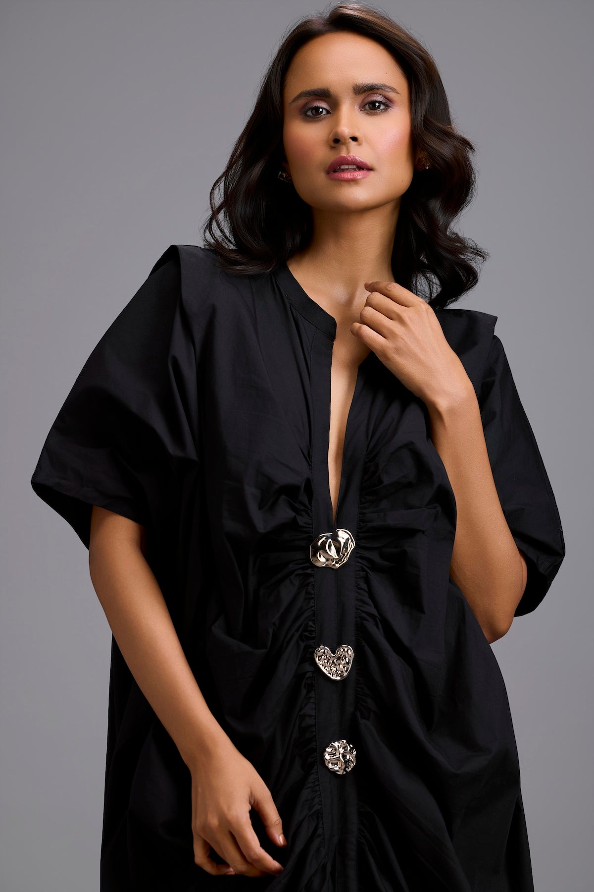 Draped Kaftan Dress with Golden Button Embellishments