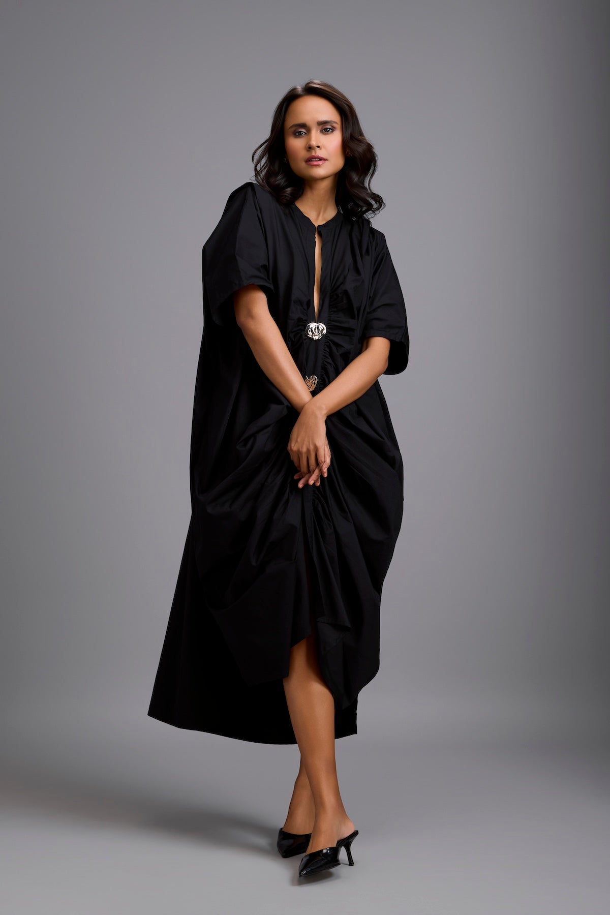 Draped Kaftan Dress with Golden Button Embellishments