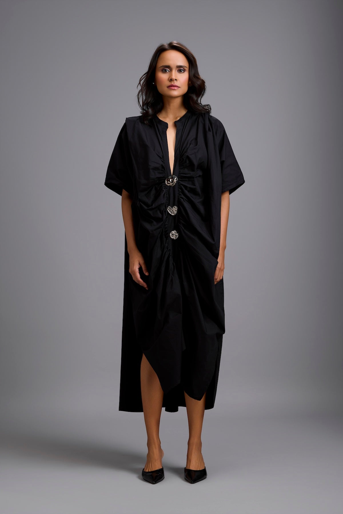 Draped Kaftan Dress with Golden Button Embellishments