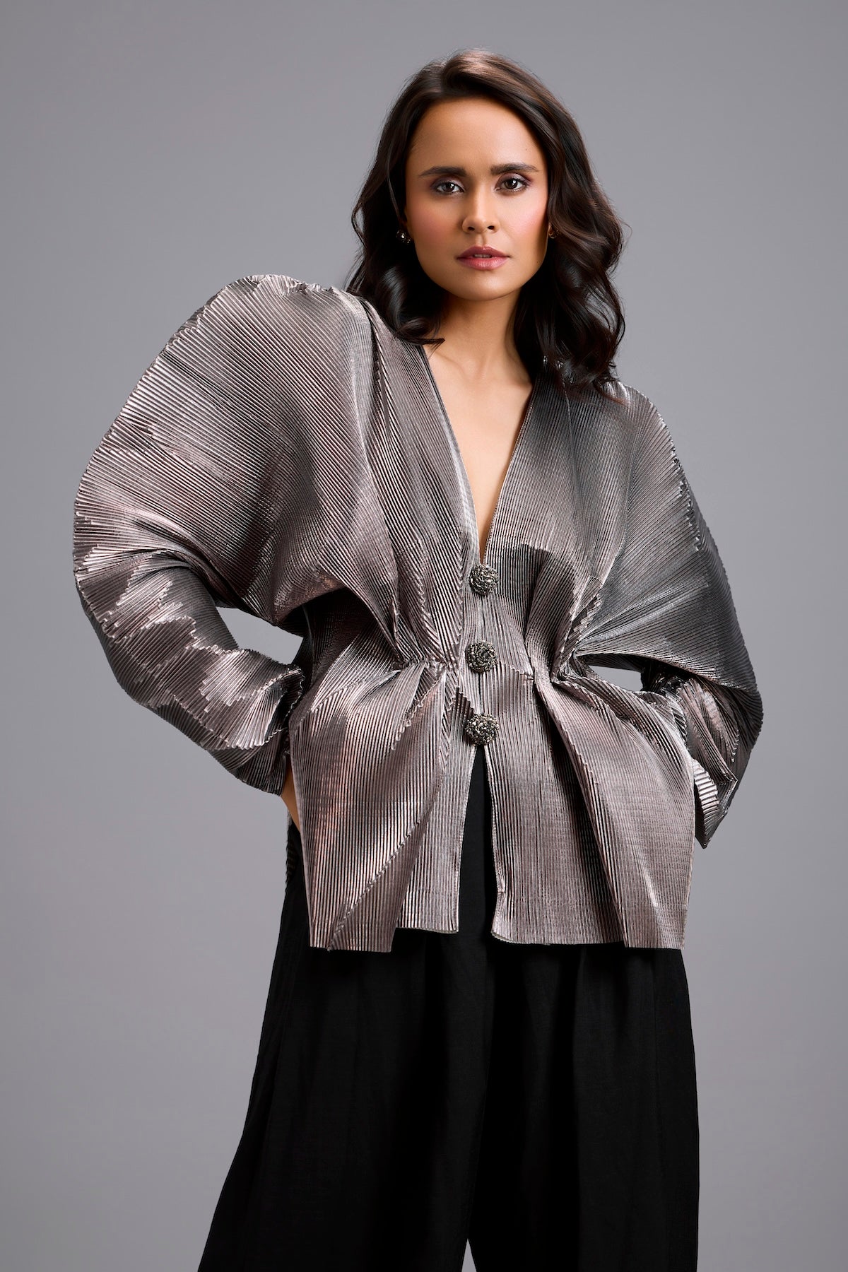 Gunmetal V-Neck Peplum Top