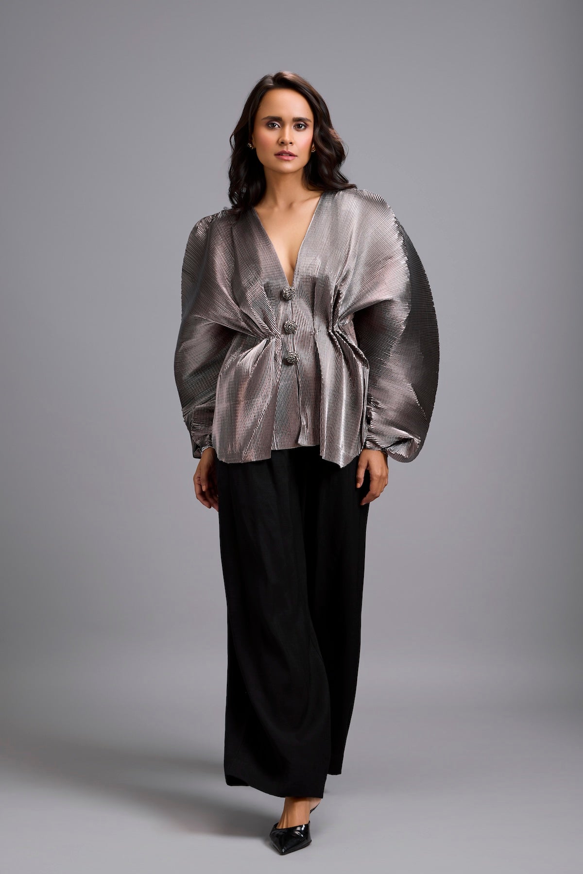 Gunmetal V-Neck Peplum Top