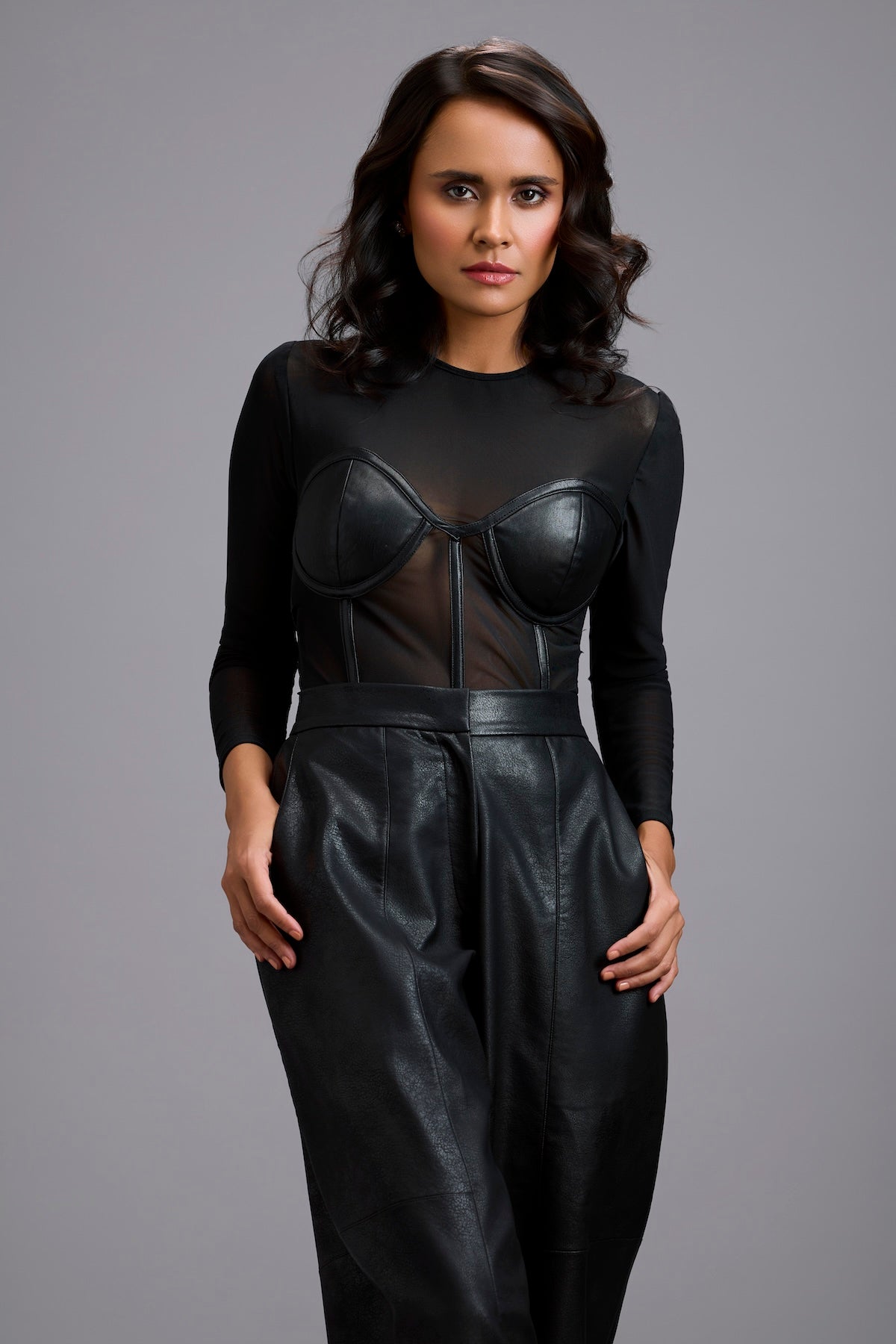 Sheer Bodysuit with Leather Bustier