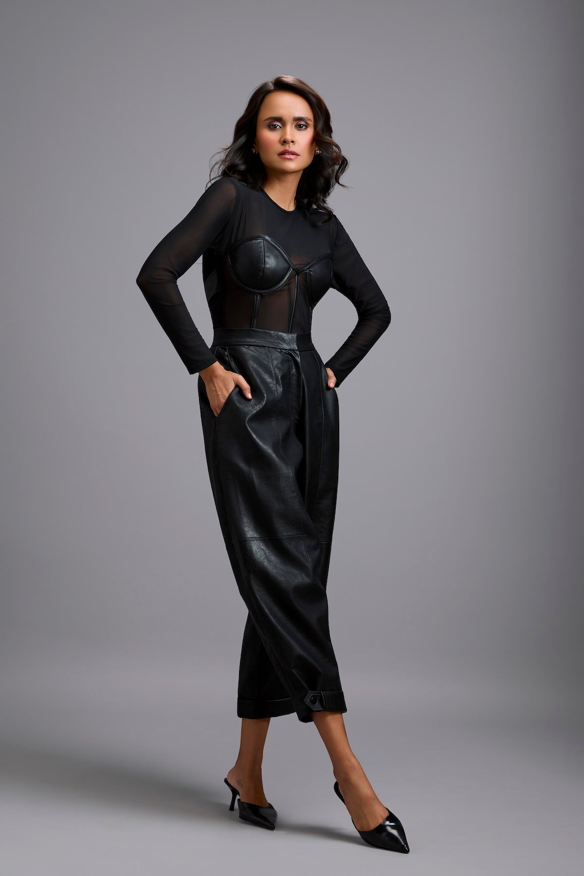 Sheer Bodysuit with Leather Bustier & Pants