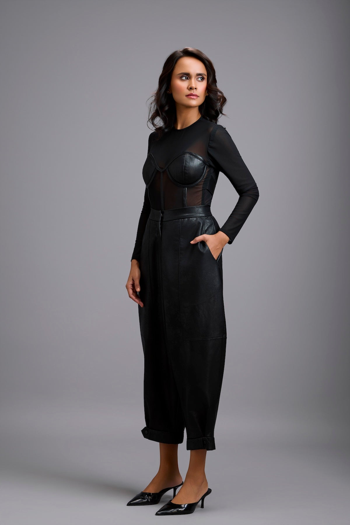 Sheer Bodysuit with Leather Bustier & Pants