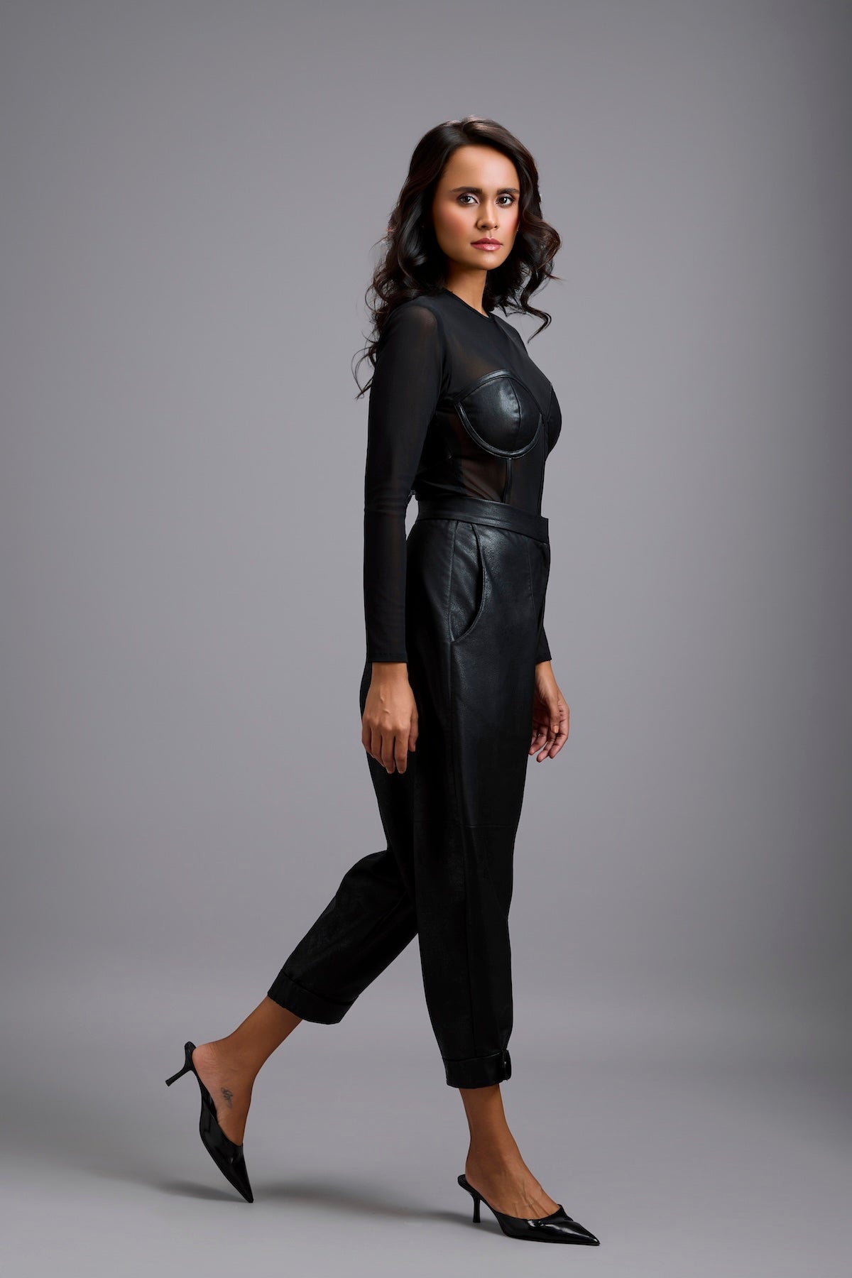 Sheer Bodysuit with Leather Bustier