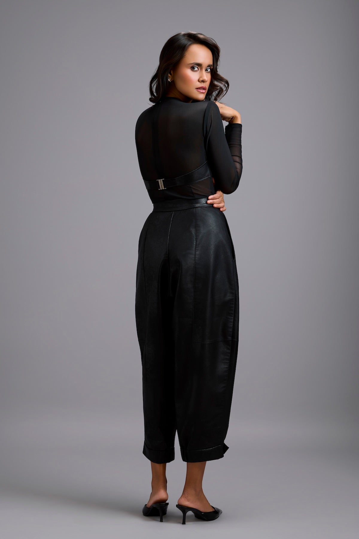 Sheer Bodysuit with Leather Bustier & Pants