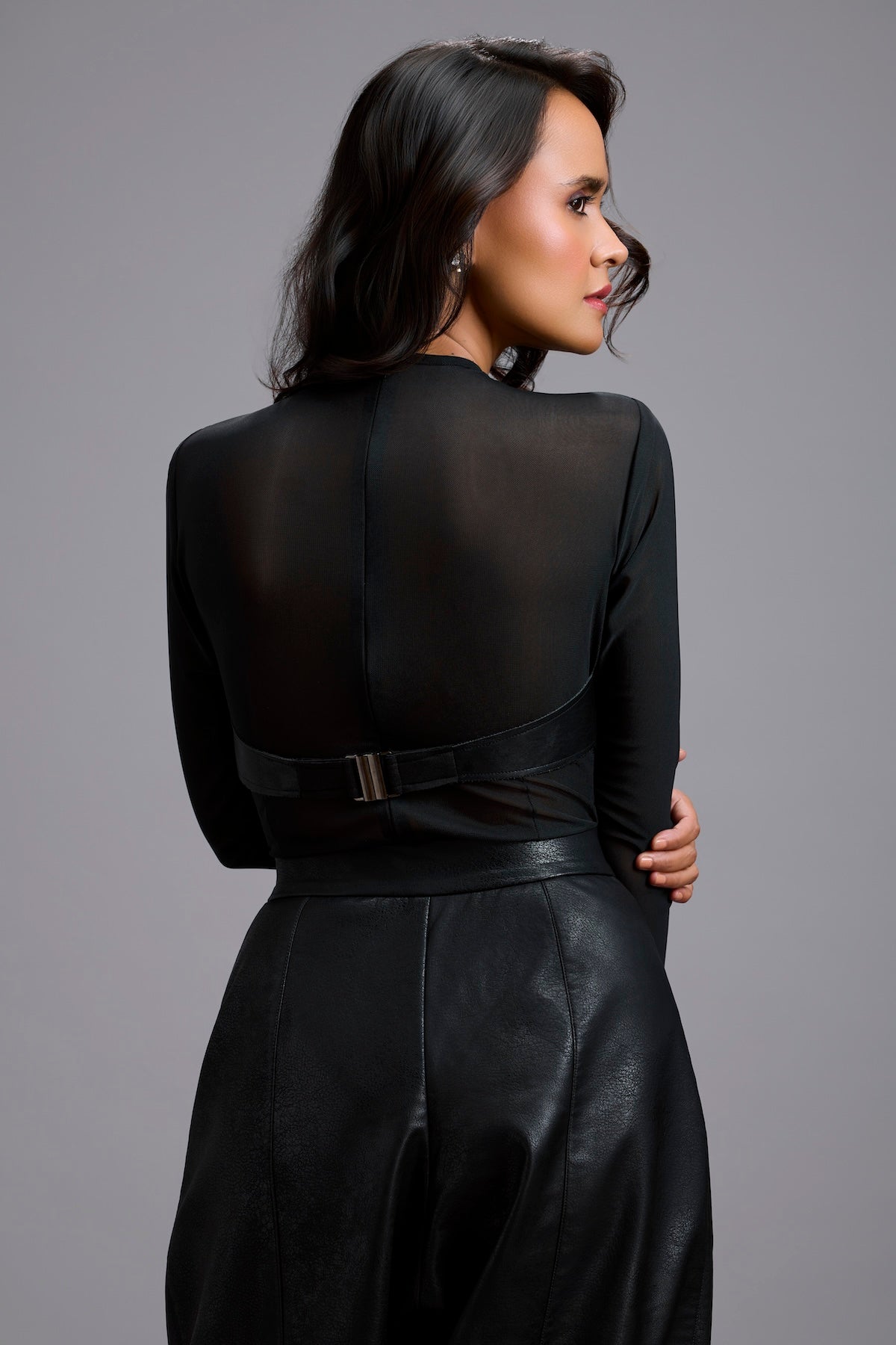 Sheer Bodysuit with Leather Bustier