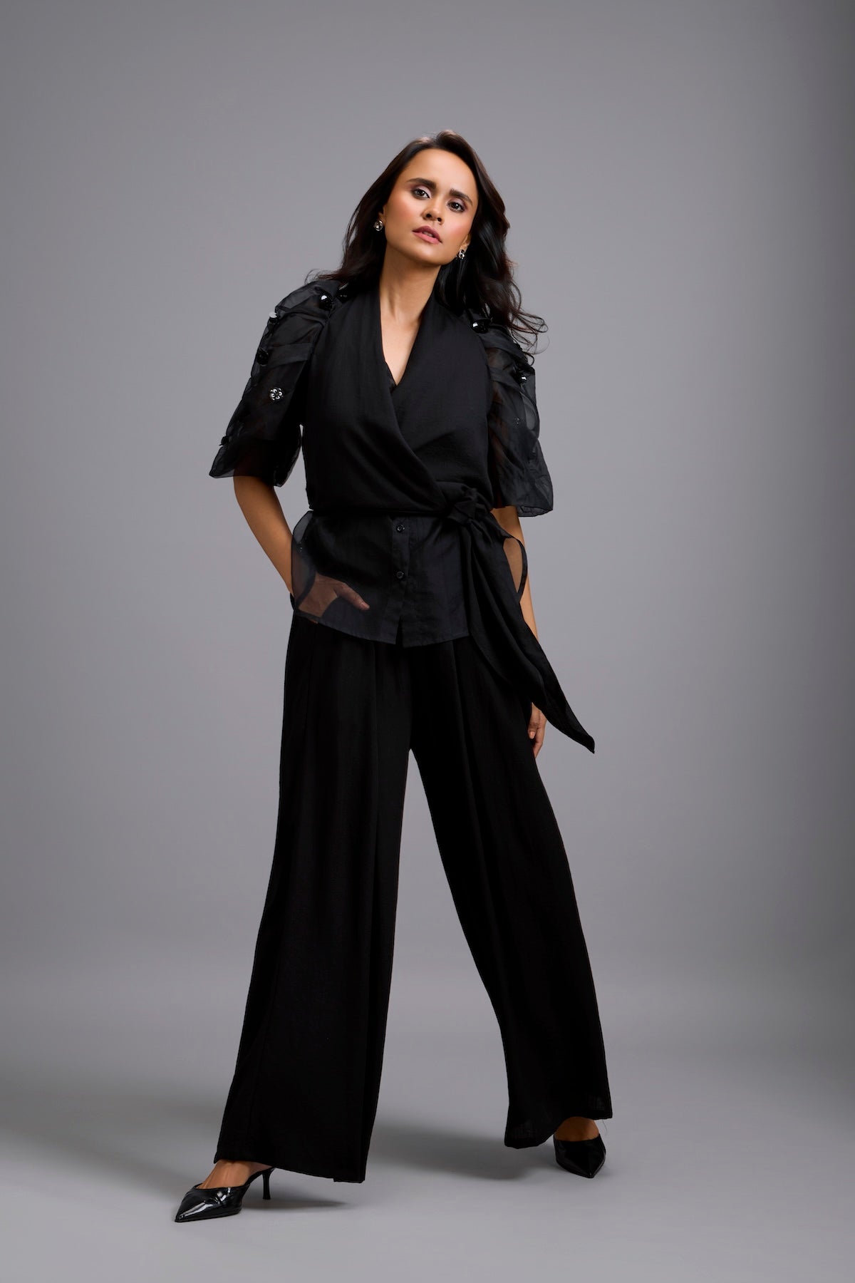 High-Neck Blouse with Floral Sleeves & Wide-Leg Trousers