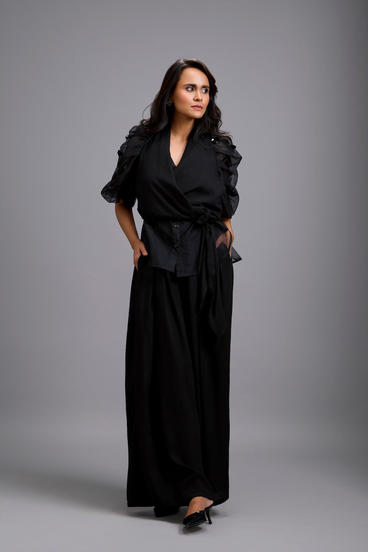 High-Neck Blouse with Floral Sleeves & Wide-Leg Trousers