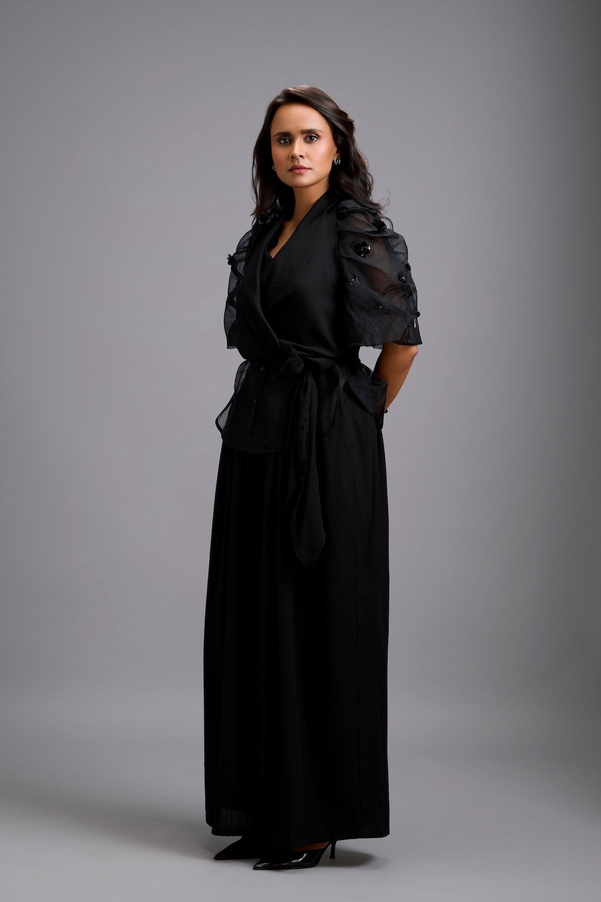 High-Neck Blouse with Floral Sleeves & Wide-Leg Trousers