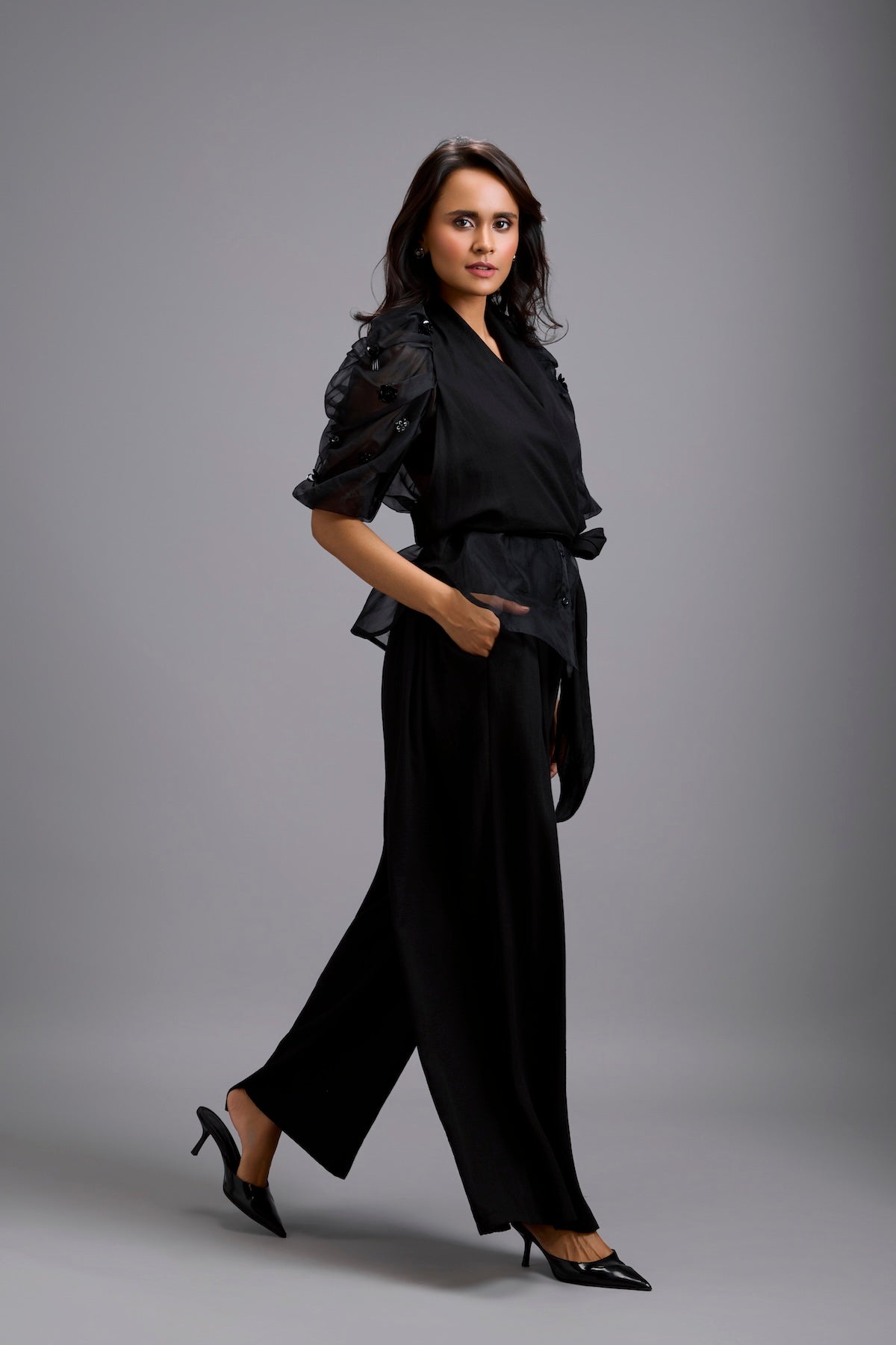 High-Neck Blouse with Floral Sleeves & Wide-Leg Trousers